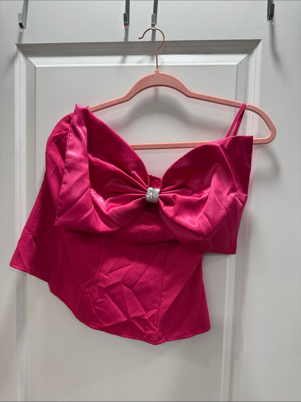 SHEIN Hot Pink Strapless Bow Front Camisole with Rhinestone Accent